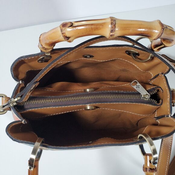 Patricia Nash Purse Watercolor Brown Leather Floral Bamboo Handle Crossbody - Picture 5 of 11